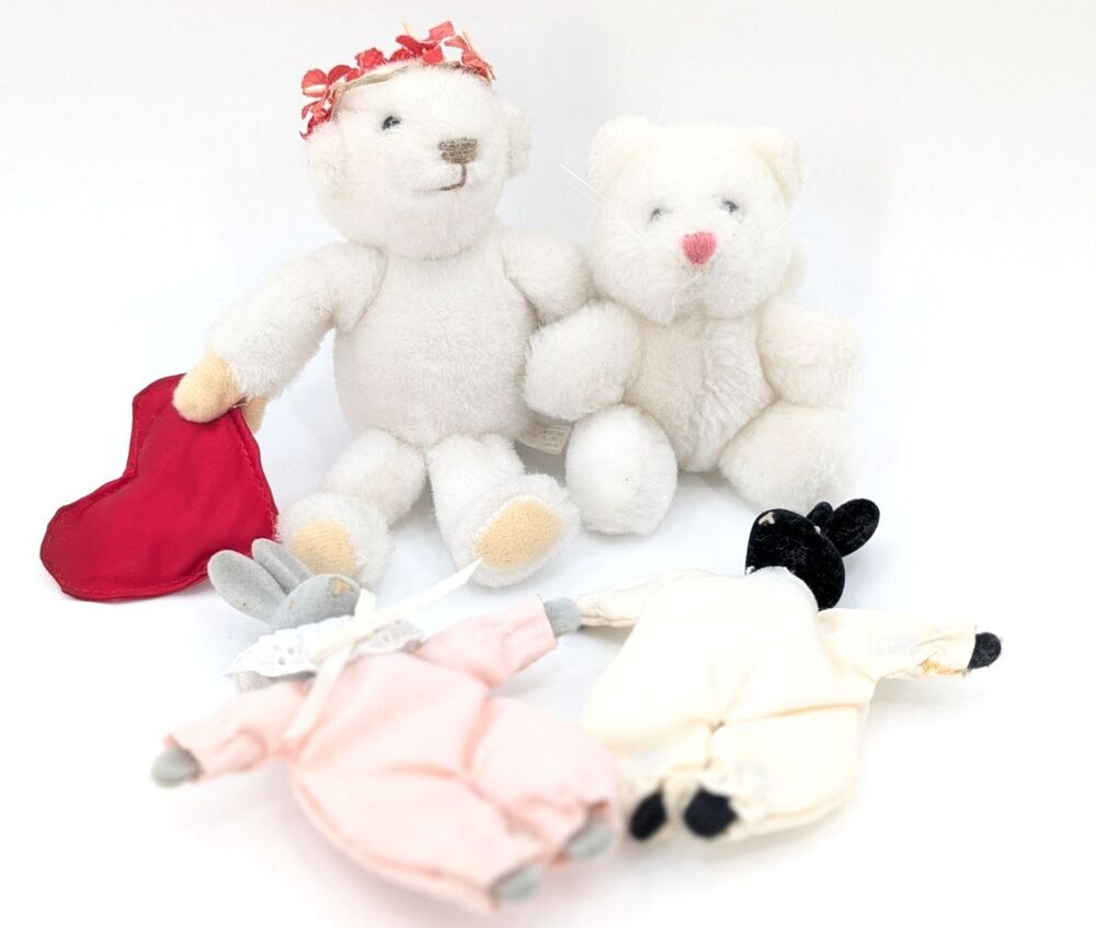 Vintage Dakin White Bear Heart Bunnies Bear Small Stuffed Animal Toy Bundle